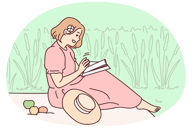 Woman sitting in field reading book happy girl enjoy summer picnic with magazine or textbook