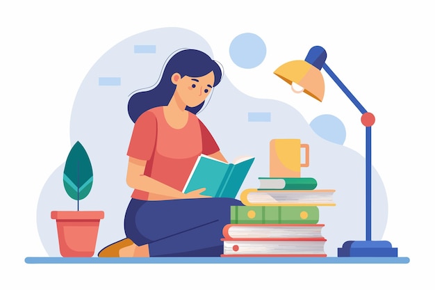 Vector woman sitting on floor reading book a woman reading with a stack of books and a study lamp simple and minimalist flat vector illustration