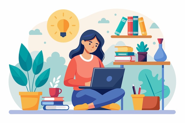 A woman sitting on the floor using a laptop for work or studying A woman is studying reading a book with a laptop and coffee Simple and minimalist flat Vector Illustration