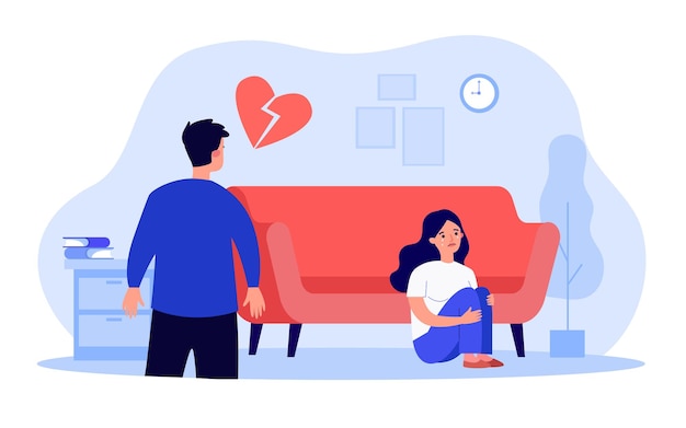 Woman sitting on floor with broken heart and crying. conflict of unhappy couple flat vector illustration. end of love and relationship, divorce concept for banner, website design or landing web page