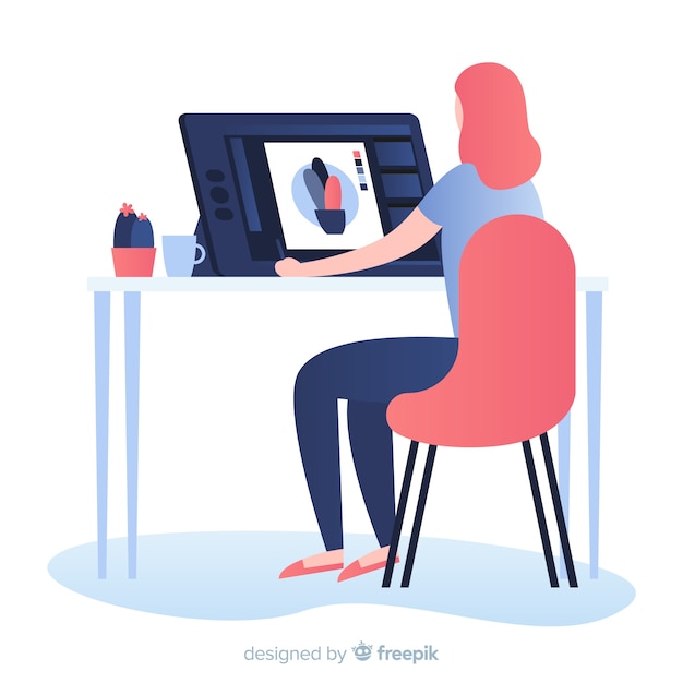 Vector woman sitting at graphic designer workplace