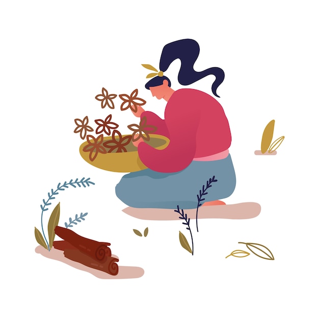 Woman Sitting on Ground with Bowl in Hands Collecting Herbs and Flowers in Forest or Garden for Herbal Medicine or Cooking.