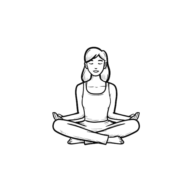 Женщина, сидящая в позе лотоса йоги, рисованной наброски каракули значок. оздоровление, медитация, концепция расслабления разума. векторная иллюстрация эскиз для печати, интернета, мобильных устройств и инфографики на белом фоне.