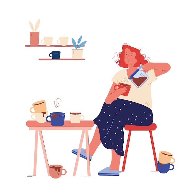 Woman sitting on kitchen with cup of coffee