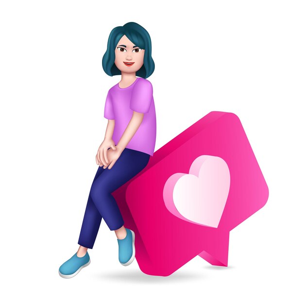 Woman Sitting on the Like Icon 3D Graphic Character