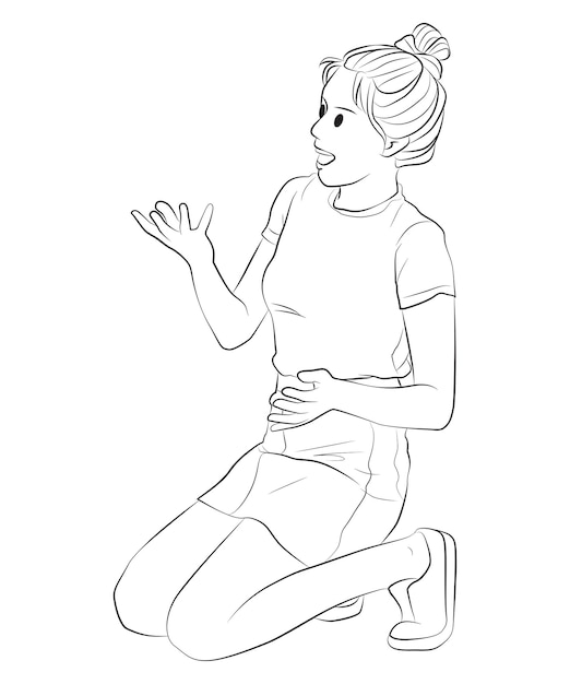 Woman sitting look at her hand happy pose line cartoon illustration