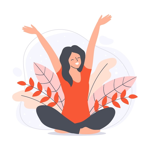 Vettore donna seduta nella posa del loto con le braccia in aria ragazza felice in uno sfondo naturale