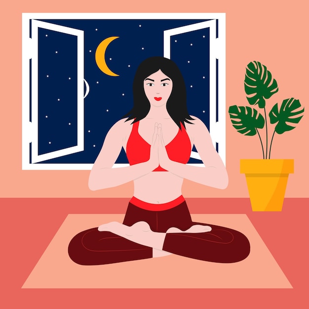 Woman sitting in lotus position at home Yoga girl vector trendy illustration