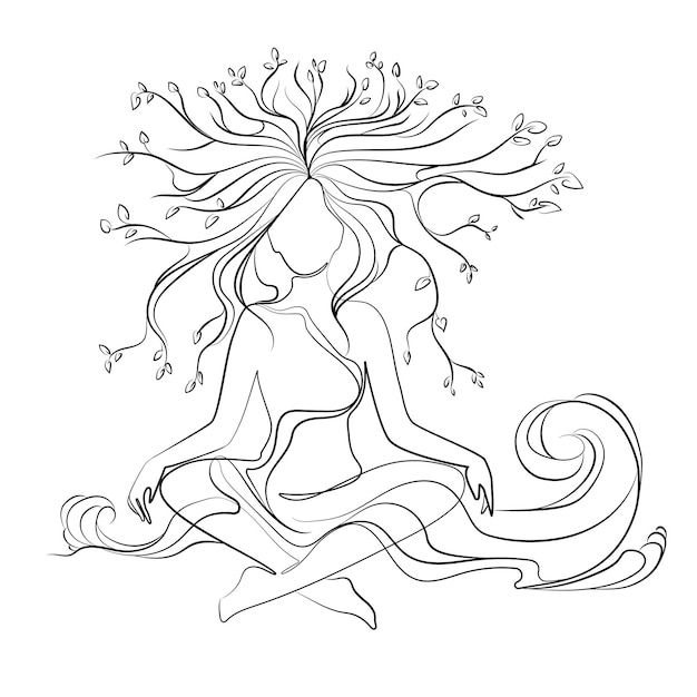 Vector woman sitting in lotus position with growing branches in her hair and sea waves vector drawing