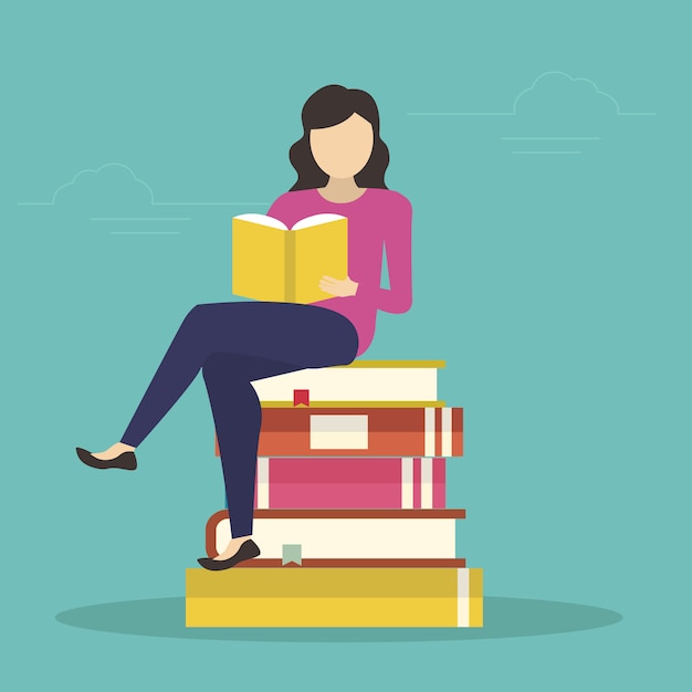 Woman sitting in many books and reading interesting book