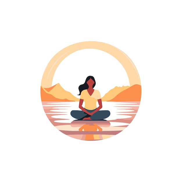 静かな湖のほとりに座って瞑想する女性