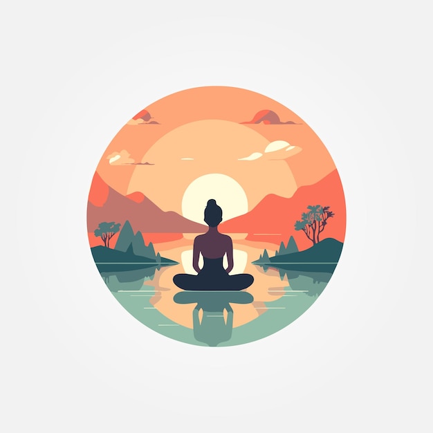 Vector woman sitting meditating at sunset in nature