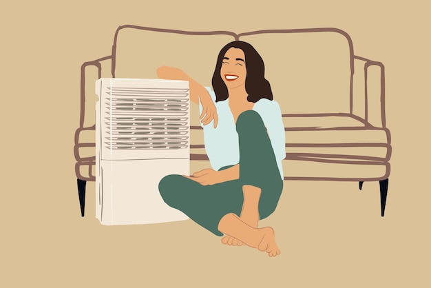 Woman sitting near air purifier and moisturizer appliance near sofa Health microclimate at home concept Vector illustration