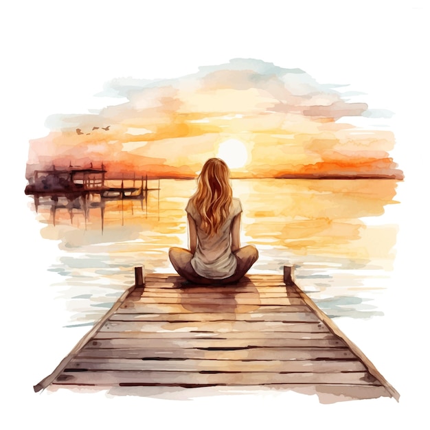 夕日の水彩画で波止場に座っている女性
