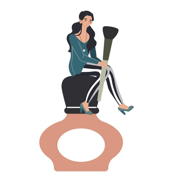 Woman sitting on oversized perfume bottle casual female sitting giant accessory fashionable setting