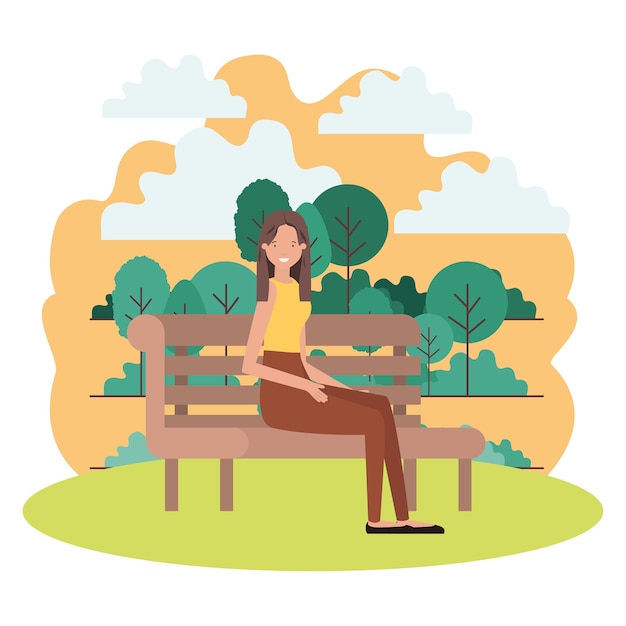 Vector woman sitting in park chair with landscape avatar character