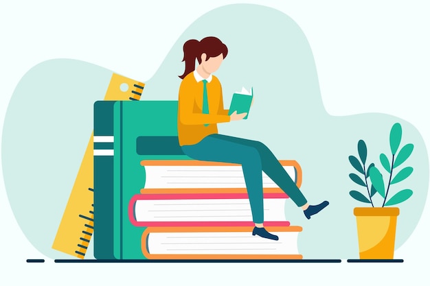 Женщина сидит на куче книг и читает книгу Плоская векторная иллюстрация