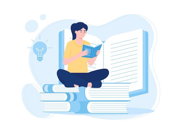 Женщина сидит на куче книг и читает тренд концепции плоской иллюстрации