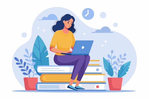 A woman sitting on a pile of books while using a laptop a woman working on a laptop sitting on a stack of books Simple and minimalist flat Vector Illustration