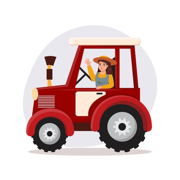 Woman sitting in the red tractor and waving