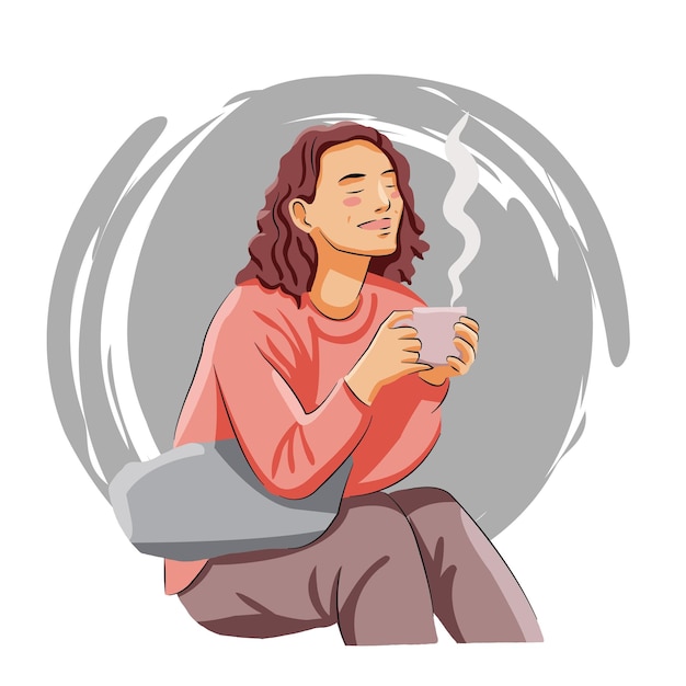 Woman sitting relax enjoying drinking hot coffee or tea felling joy and calmed