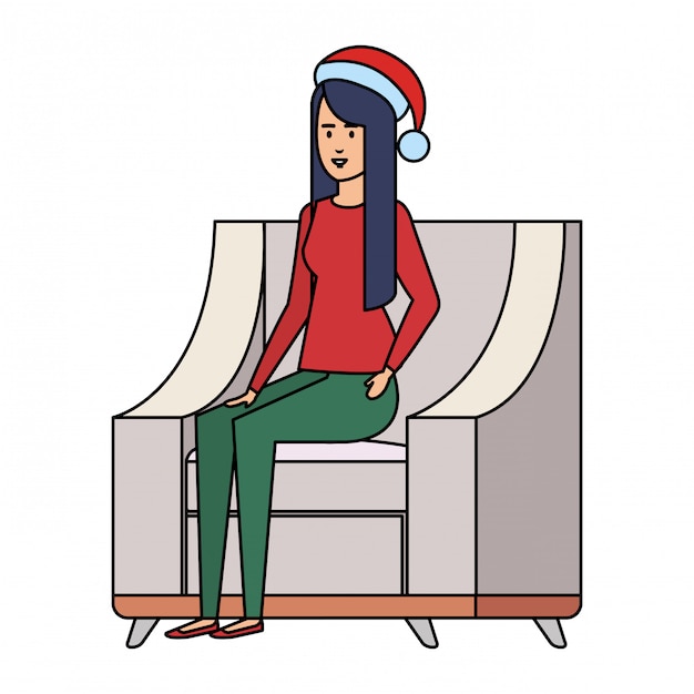 Woman sitting in sofa with christmas clothes