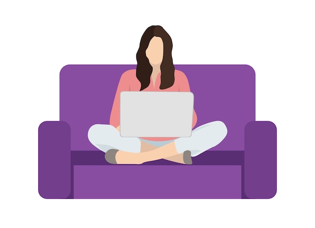 Vector woman sitting on a sofa with laptop long hair empty face