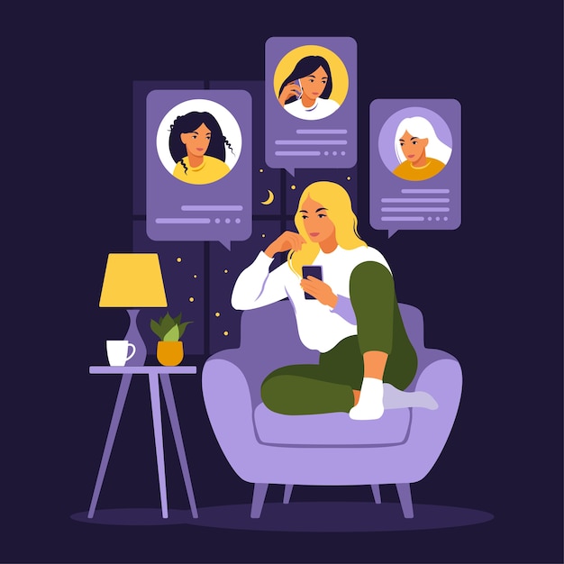 Woman sitting on sofa with phone. Friends talking on phone night. Chat friends. Flat style.