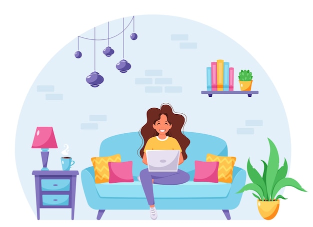 Vector woman sitting on a sofa and working on laptop freelancer home office