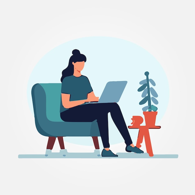 женщина сидит на диване и работает со своим ноутбуком на коленях векторная иллюстрация