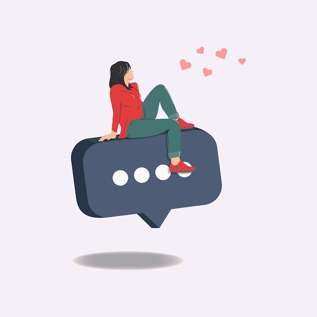 Woman sitting on speech bubble looking to the flying pink heart shape illustration