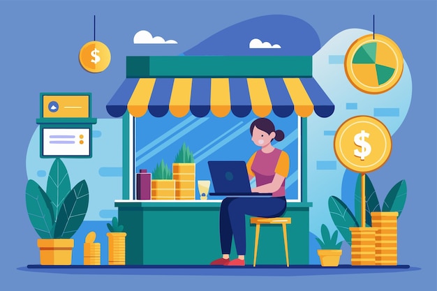 A woman sitting at a table outside a store typing on a laptop A person sitting on a coin shop with a laptop Simple and minimalist flat Vector Illustration