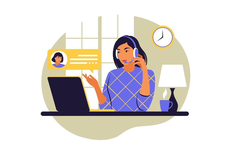 Vector woman sitting table with laptop. working on a computer. freelance, online education, studying or social media concept. vector illustration. flat.