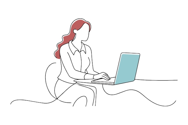 手描きのオフセットフィルでコンピューターで作業するノートパソコンを持ったテーブルに座っている女性