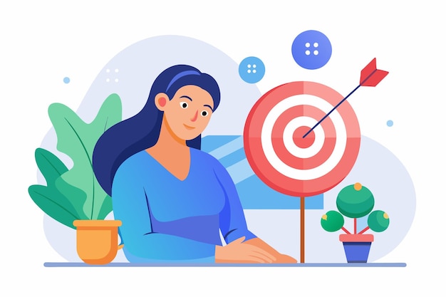 Woman Sitting at Table With Target A woman concentration and focus on business goal or target business goal Simple and minimalist flat Vector Illustration