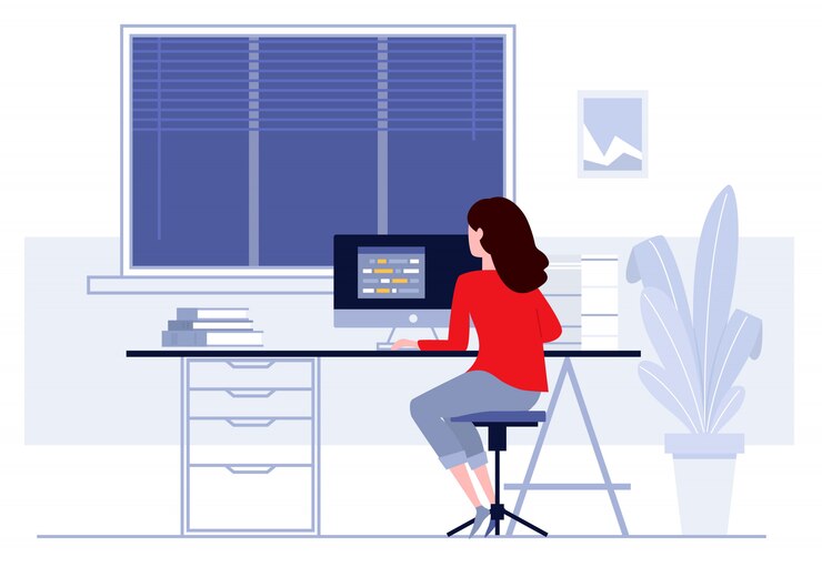 Vector woman sitting at table and working at home.