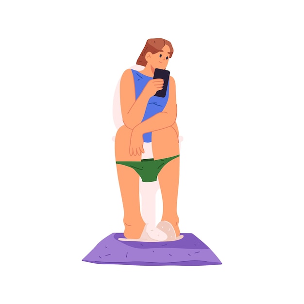 Vector woman sitting on toilet and browsing web on phone