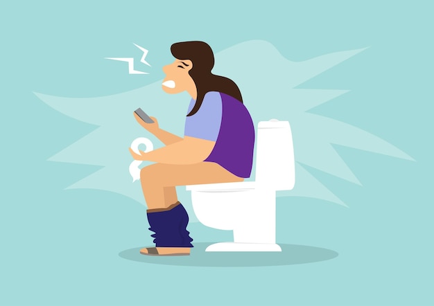 Woman sitting on toilet with stomach pain and diarrhea with a phone and tissue in hand vector illustration of flat design