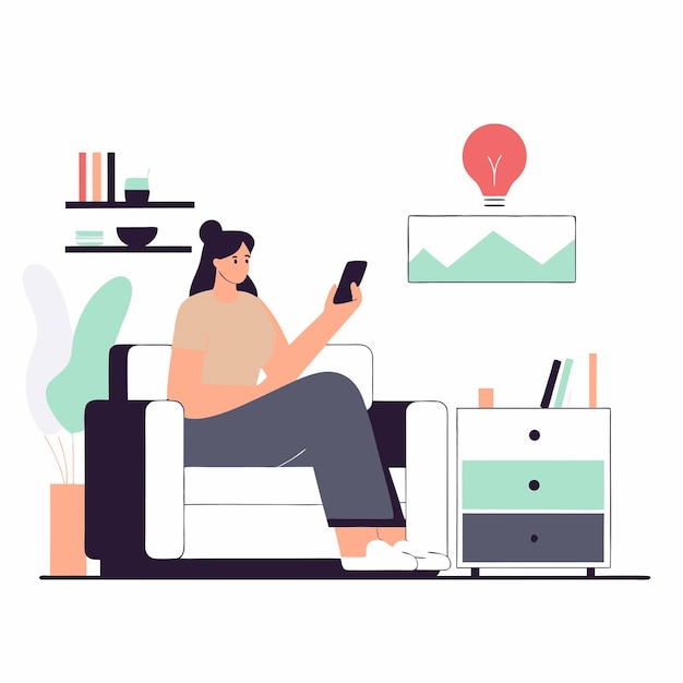 Woman Sitting and Using Smartphone in Cozy Living Room Flat Vector Illustration