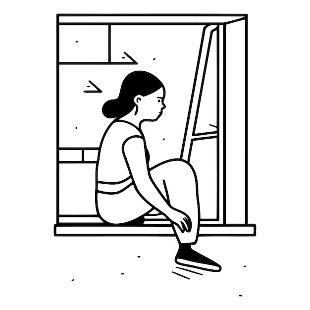 Vector woman sitting on the window sill and looking outside