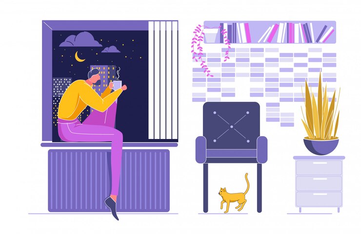 Vector woman sitting on windowsill and dream with cup.