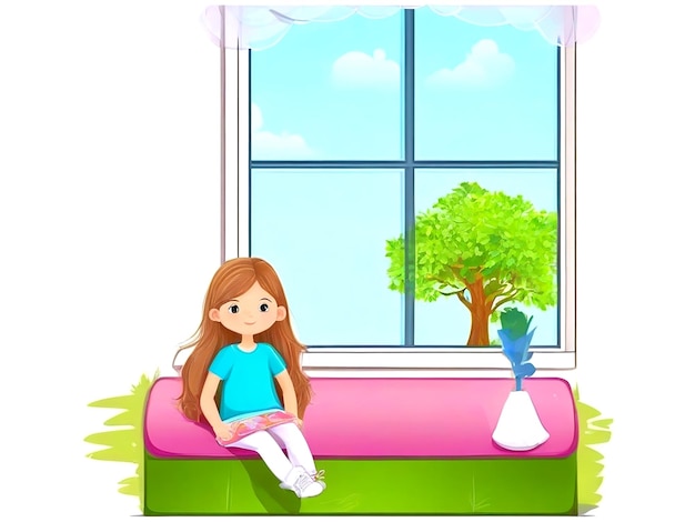 Vector woman sitting on windowsill with cat vector illustration ai_generated