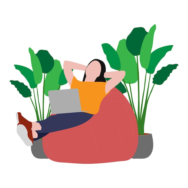 Woman sitting with laptop on bean bag chair flat vector concept illustration