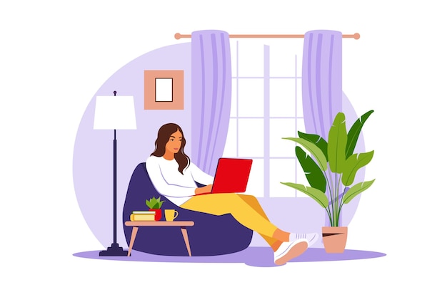 Vector woman sitting with laptop on bean bag chair