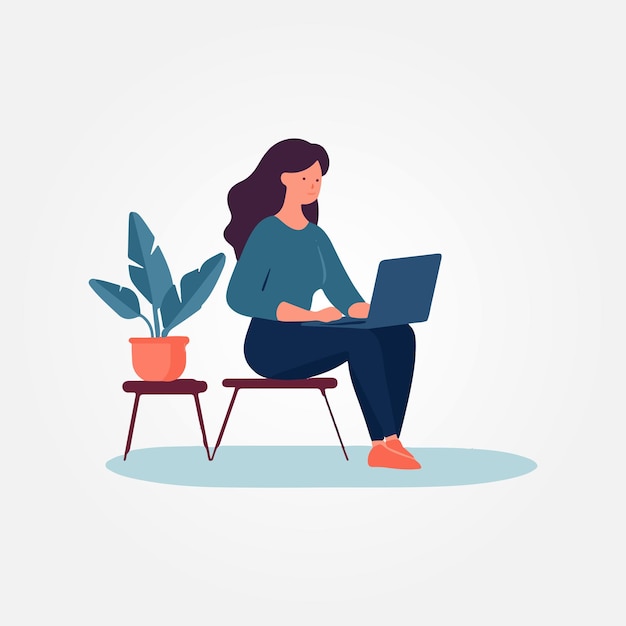 Vector woman sitting with laptop on her lap