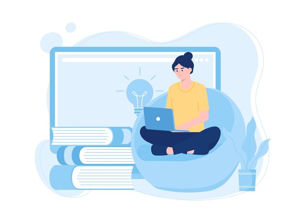 Woman sitting with laptop online education concept distance learning concept flat illustratiuon