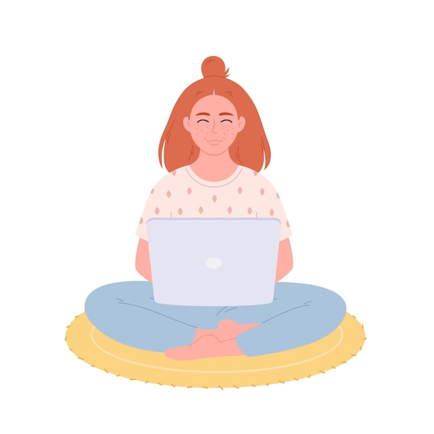 Woman sitting with laptop. Woman working on computer. Freelance, work from home, remote working.