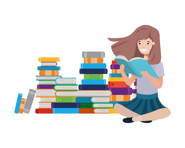 Woman sitting with stack of books