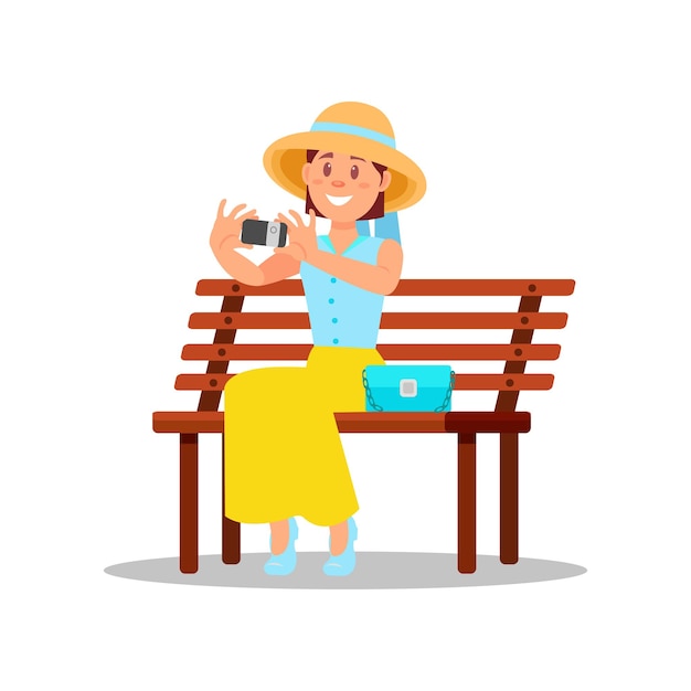 Donna seduta su una panca di legno e che fa selfie ragazza giovane con espressione sorridente disegno vettoriale piatto colorato