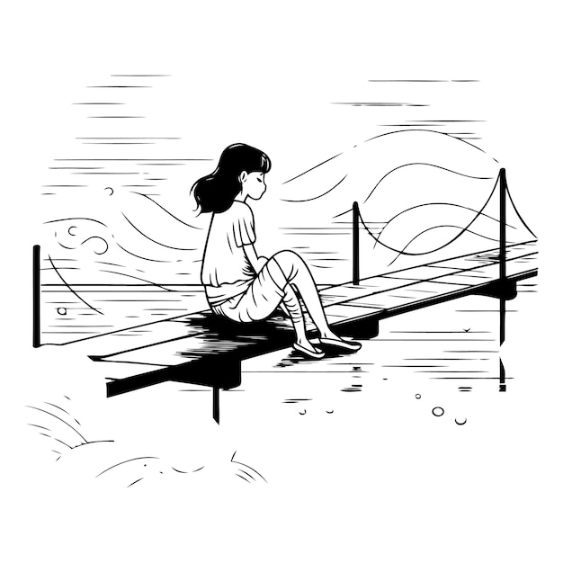 Vector woman sitting on a wooden bridge over the sea